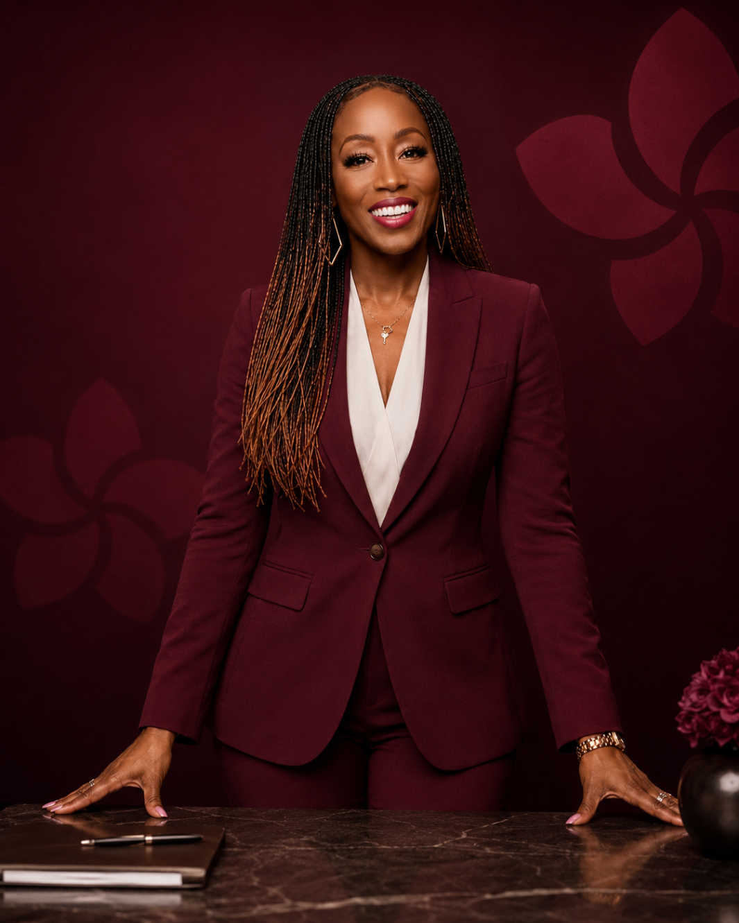 Zykina Stewart, CEO of Evolve Coaching Solutions, in a burgundy suit